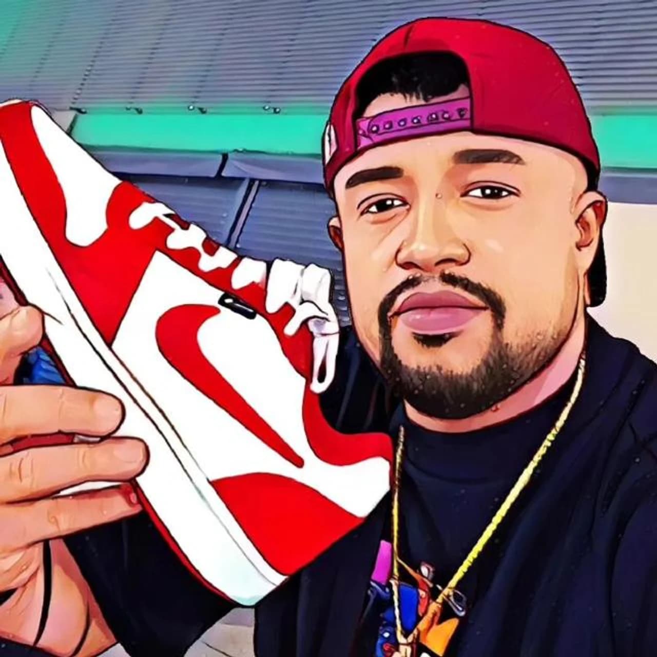 O Tio, de boné vermelho, segurando um Nike Dunk vermelho e branco: a arte da logo da loja